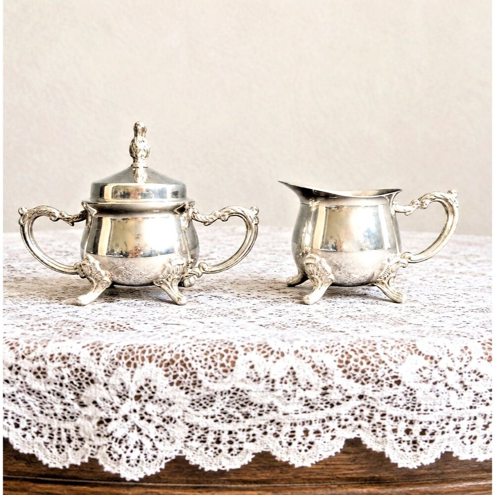 Vintage Acanthus Mini Silver Plate Footed Sugar Bowl & Creamer Pitcher Regency